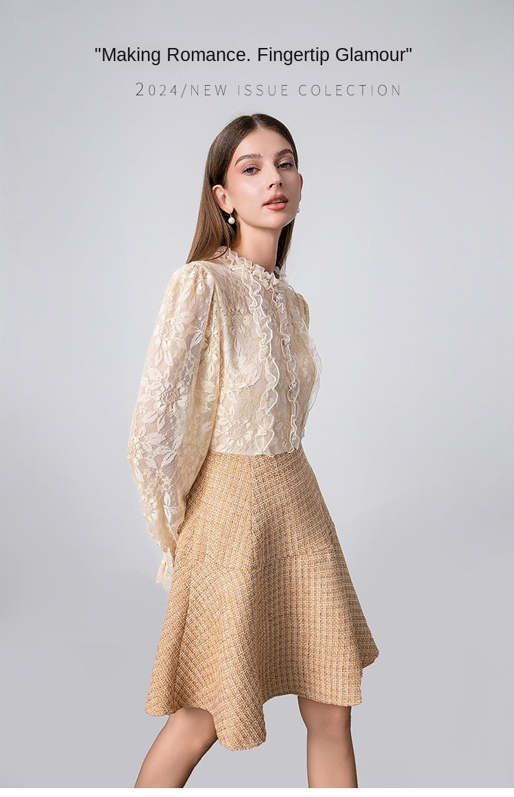 Original design - spring and summer real shot art boutique lace stitching tweed temperament fake 2 pieces of small fragrance beaded dress
