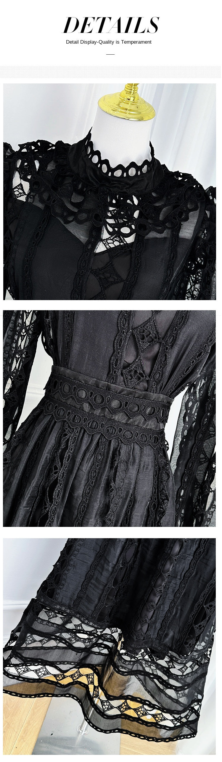 Original design graphic hollow embroidery solid color French long skirt with waist cinching temperament dress