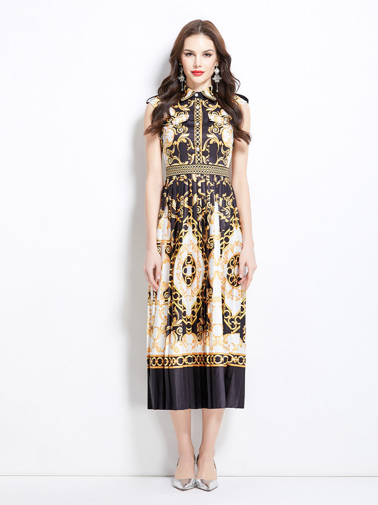 Original design for spring and summer palace pattern sleeveless mid length dress