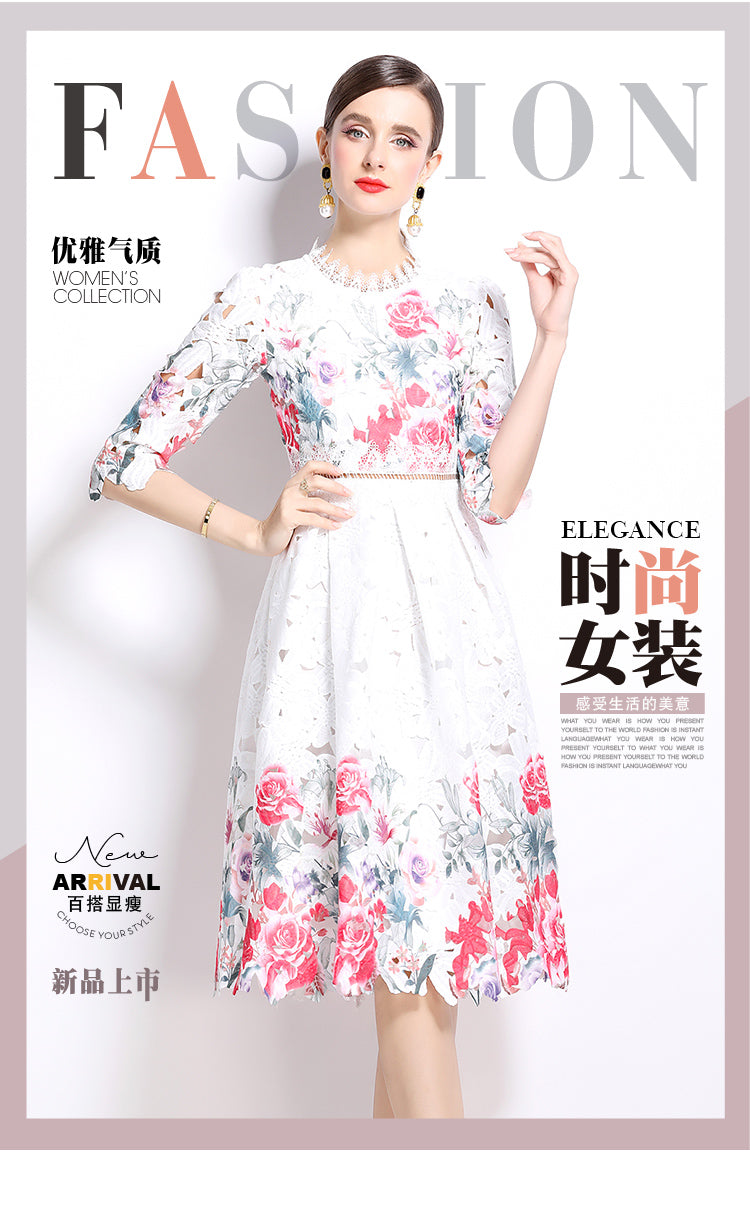 Original design mid long sleeved fashionable slimming hollow out water-soluble lace positioning mid length dress