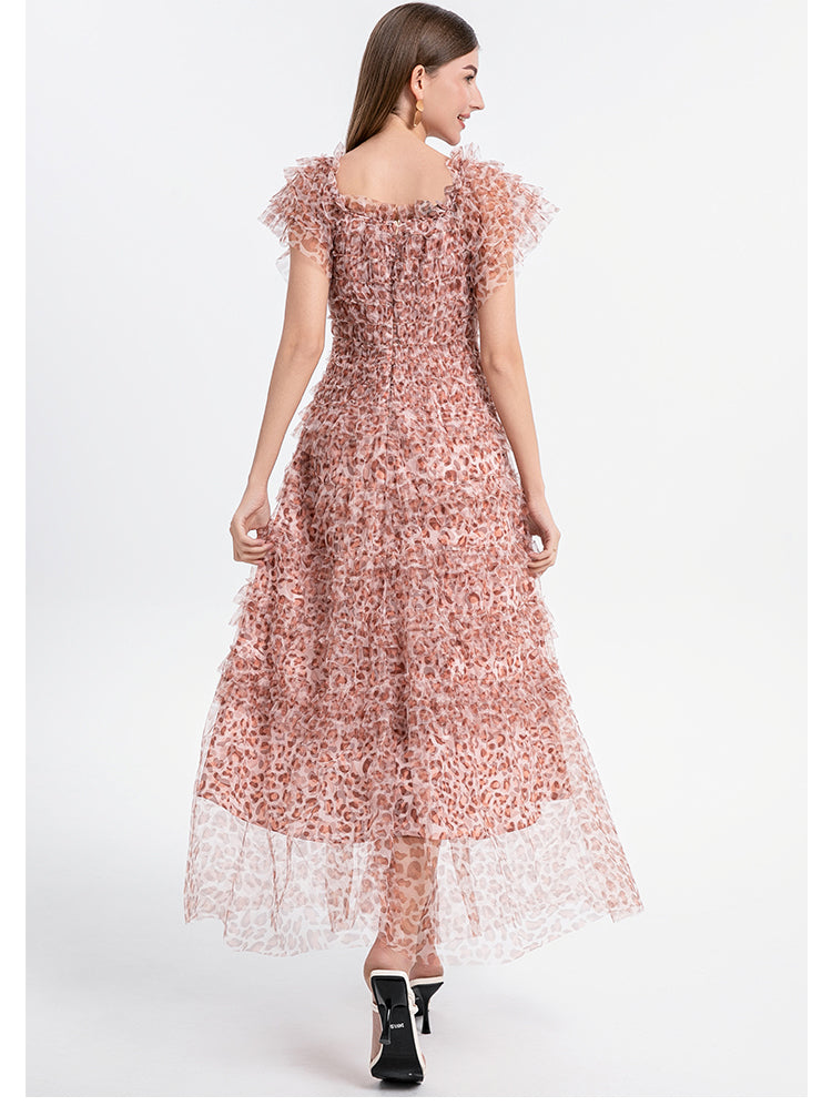 Beautiful French leopard print puff sleeve one-shoulder mesh temperament dress
