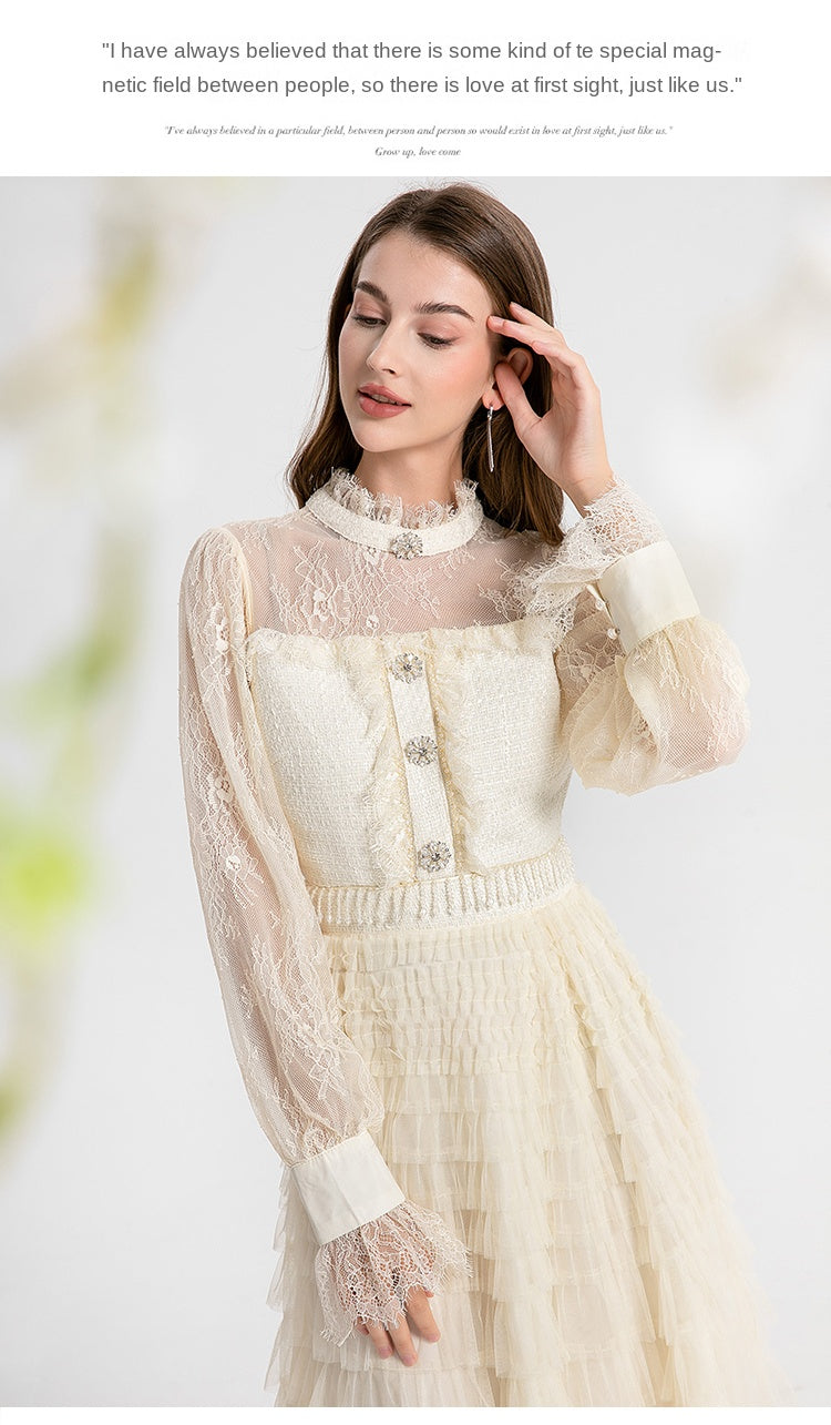 Original design women's heavy industry coarse tweed splicing mesh cake skirt crystal tassel temperament fairy
