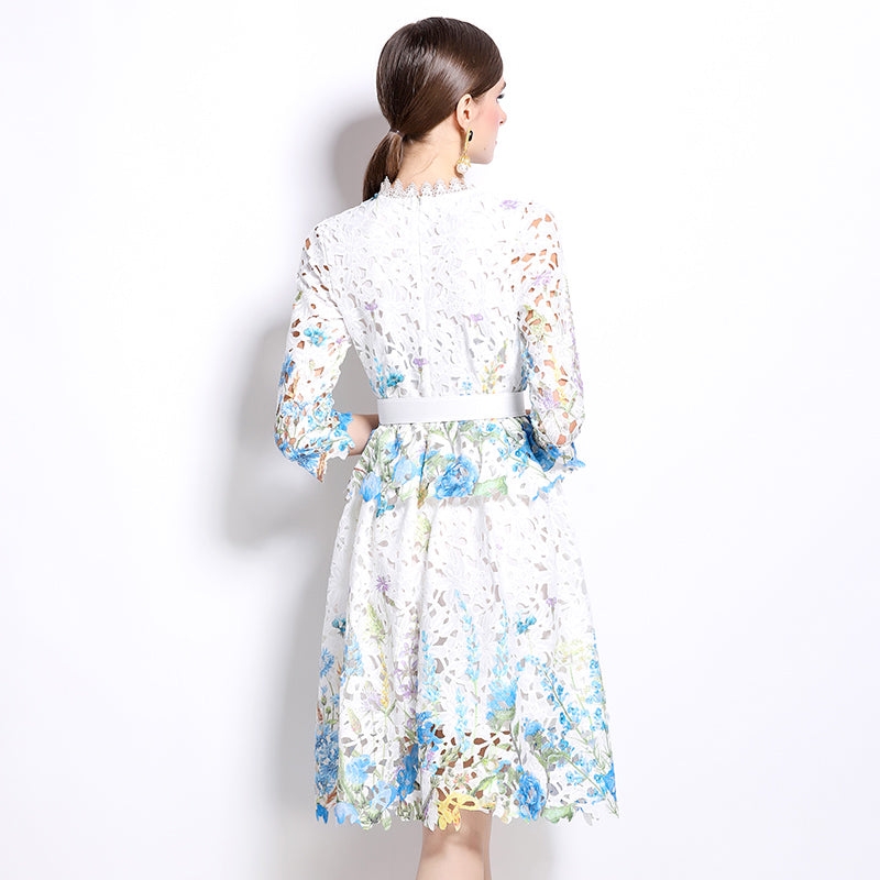 Original design mid long sleeved fashionable slimming hollow out water-soluble lace positioning mid length dress