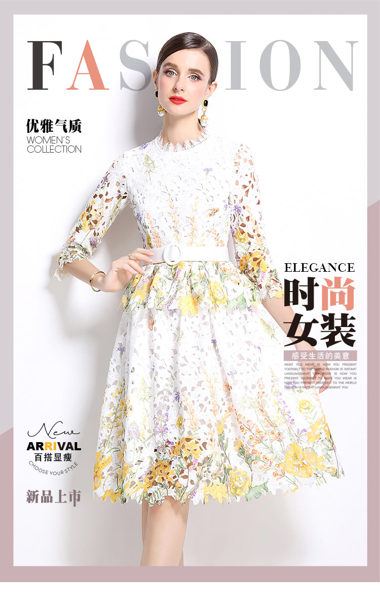 Original design mid long sleeved fashionable slimming hollow out water-soluble lace positioning mid length dress