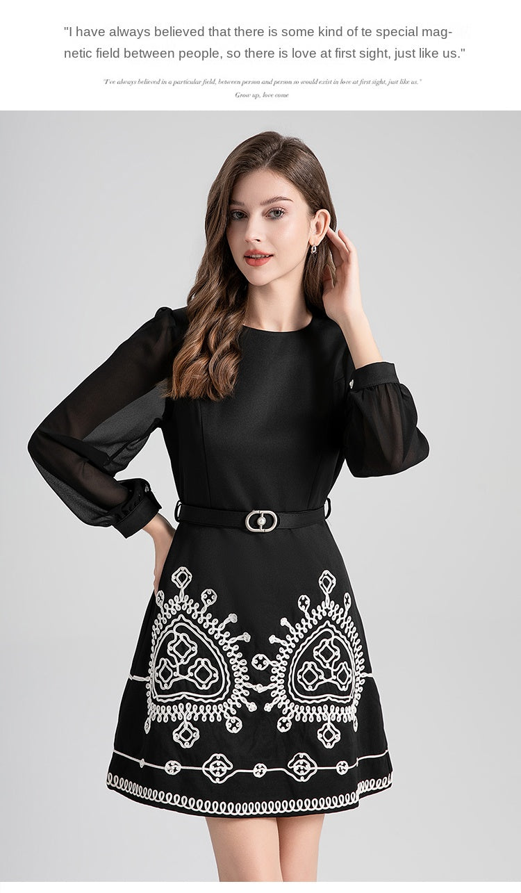 Original Design Light Luxury Heavy Industry Chiffon Splicing Plate Belt Embroidered High Waist Slimming Style Dress