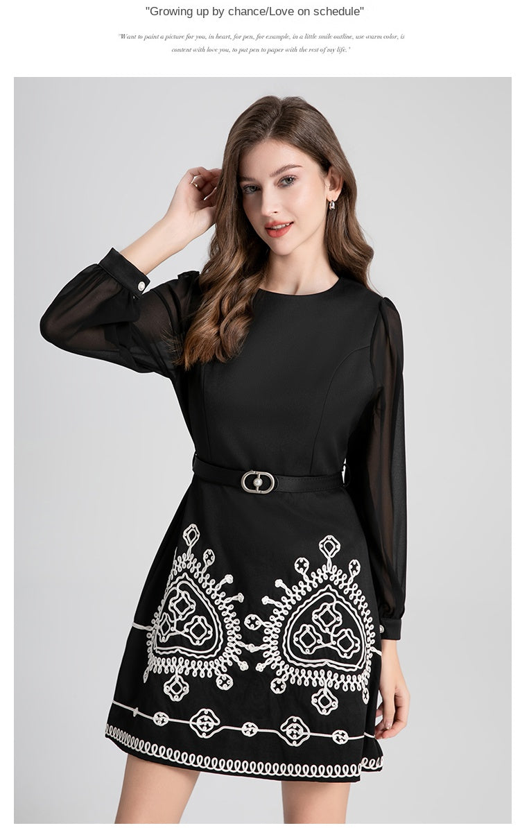 Original Design Light Luxury Heavy Industry Chiffon Splicing Plate Belt Embroidered High Waist Slimming Style Dress