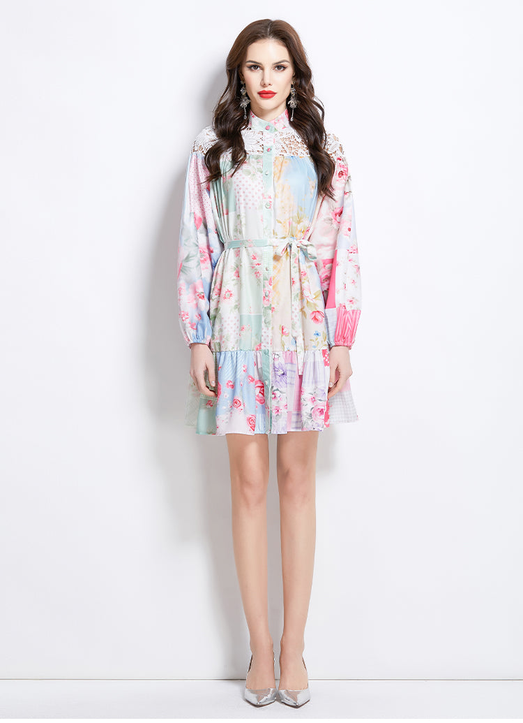 Original design for spring and summer vacation new style contrasting lace patchwork short dress