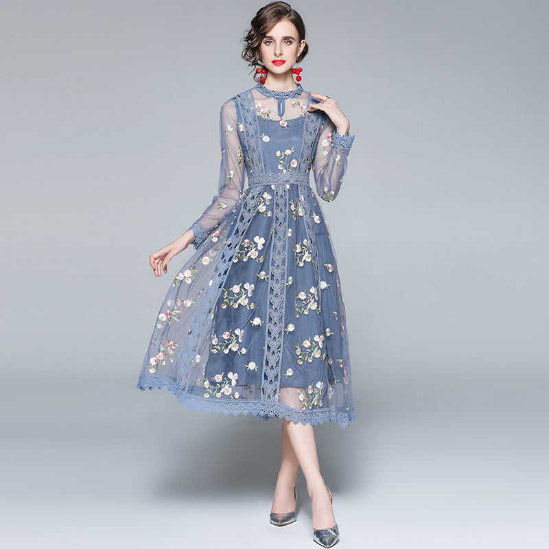 Original Design Heavy Industry Fine Embroidery Mesh French Long Style Super Fairy Sweet Dress