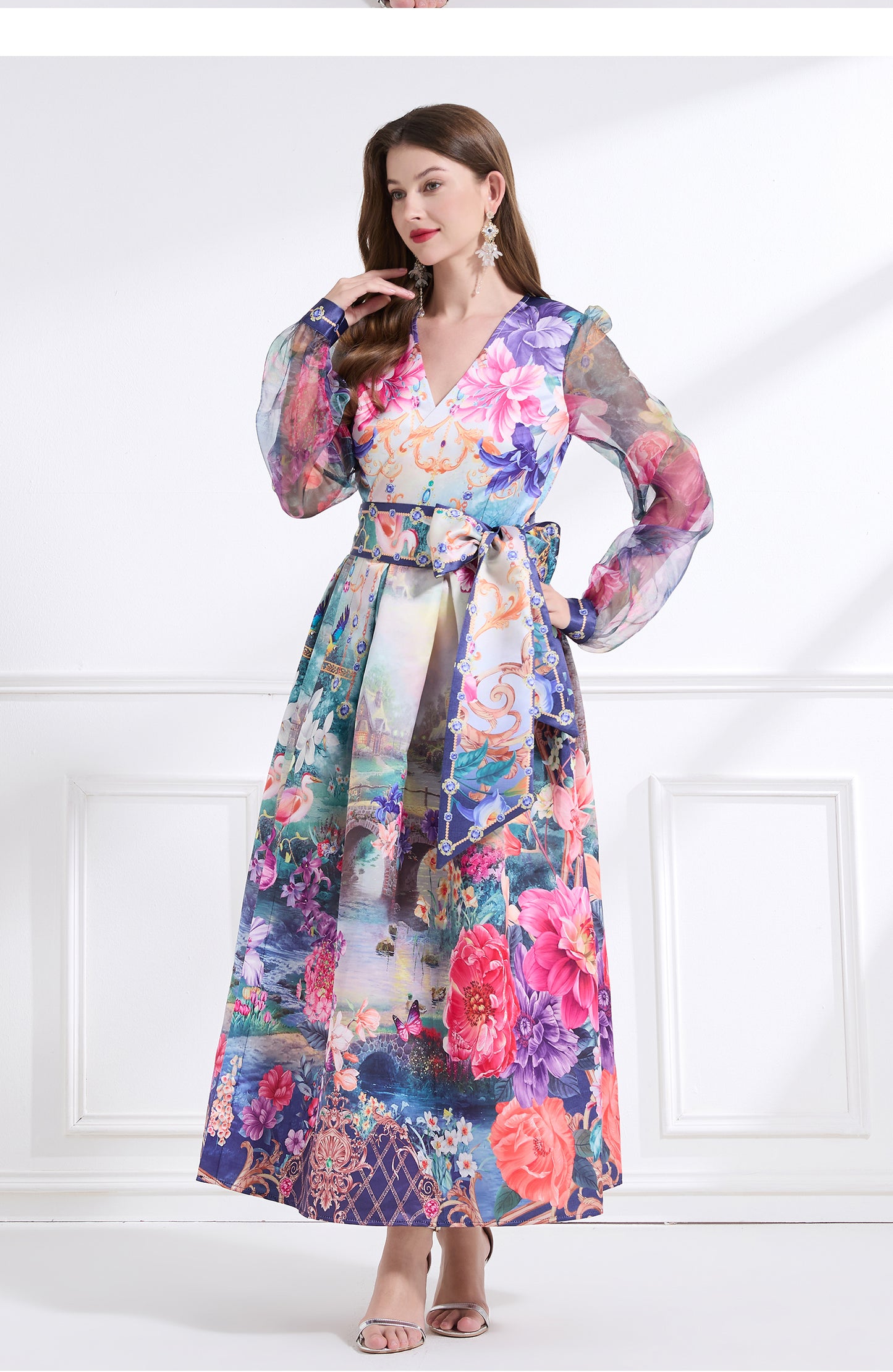 Original design - spring/summer resort-style lace-up wrap skirt, balloon sleeves, cross collar print, wide hem ruffle skirt