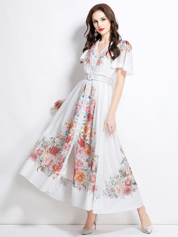 Original design of a vintage long dress with watercolor floral short sleeves for spring and summer