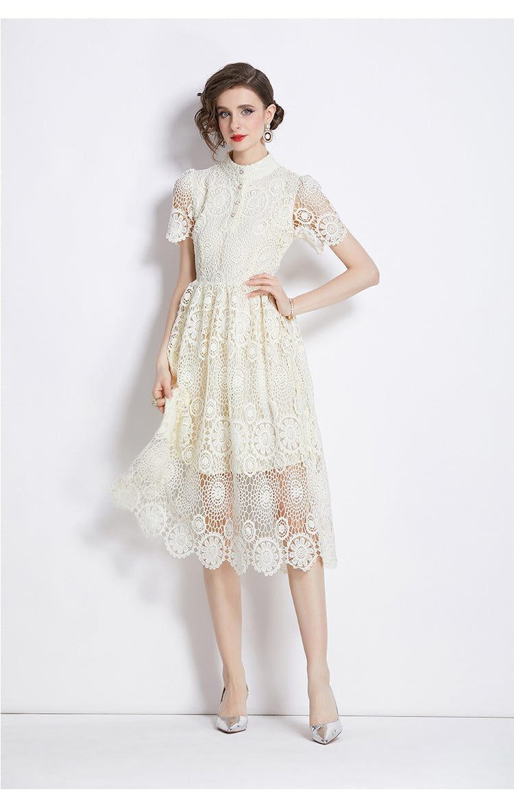 Original design niche dress new style temperament, waist cinching and slimming, hollow out water-soluble lace long skirt