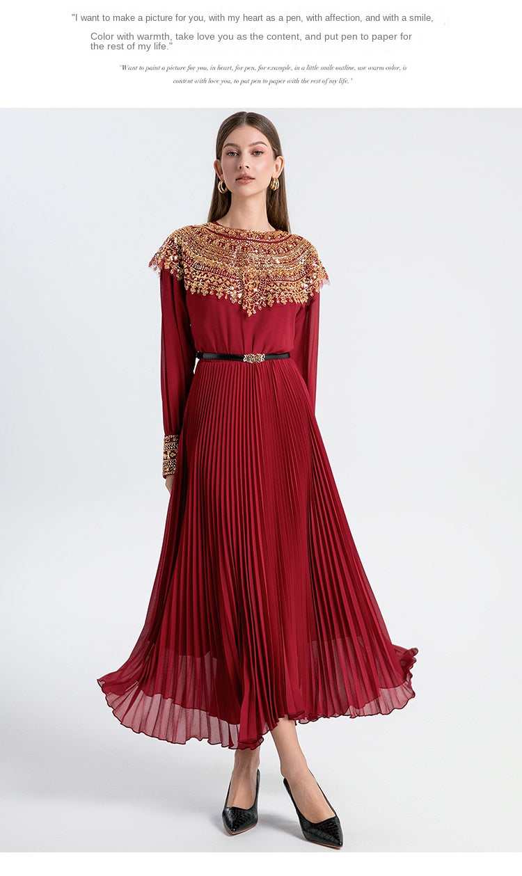 Original design premium pleated belt with gold beaded sequins draped over a chiffon pleated jumpsuit