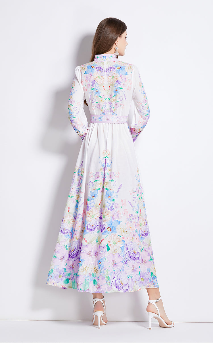 Original Design Spring/Summer Autumn Vacation New Flower Oil Painting Style Stand up Collar Long Dress