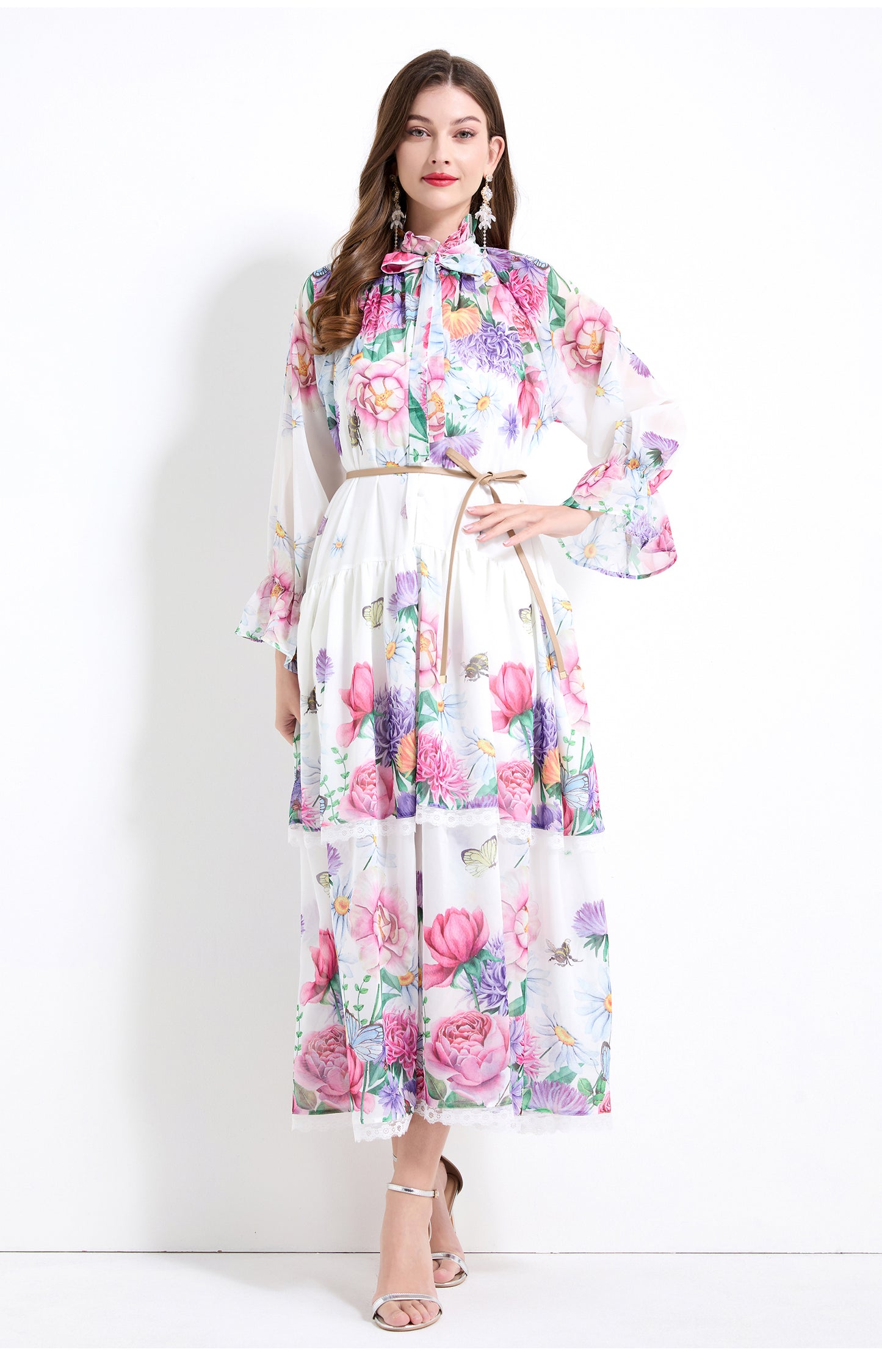 Original design - spring and summer fake lace cake skirt floral print waist ruffle skirt