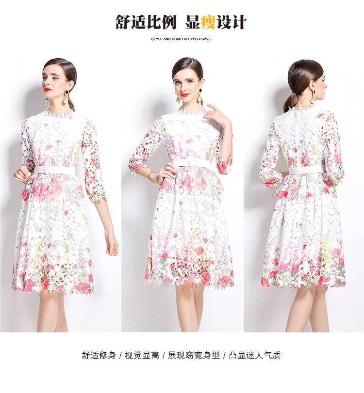 Original design mid long sleeved fashionable slimming hollow out water-soluble lace positioning mid length dress