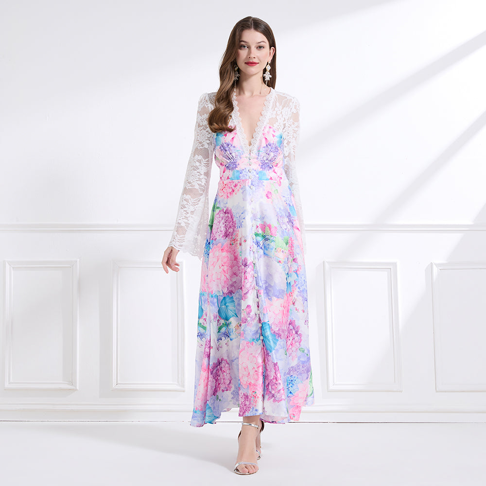 Original design - spring and summer resort style lace patchwork print waist maxi skirt ruffle dress