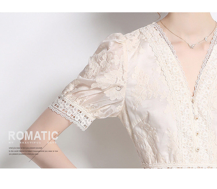 Original Design: Spring/Summer Embroidered V-neck Dress with Lace and Lace Charm Slimming Skirt