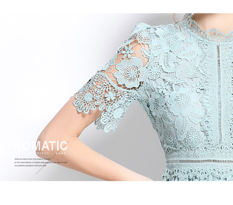 Original design short sleeved slimming hollow out water-soluble lace positioning mid length dress