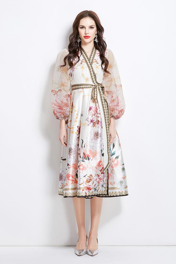 Original design for spring and summer V-neck ethnic style printed satin wrapped long length dress
