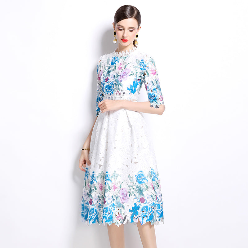 Original design mid long sleeved fashionable slimming hollow out water-soluble lace positioning mid length dress