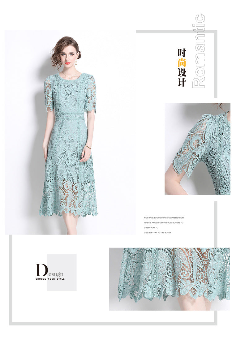 Original design temperament short sleeved skirt slim fit waist cinching heavy industry water-soluble lace dress for women