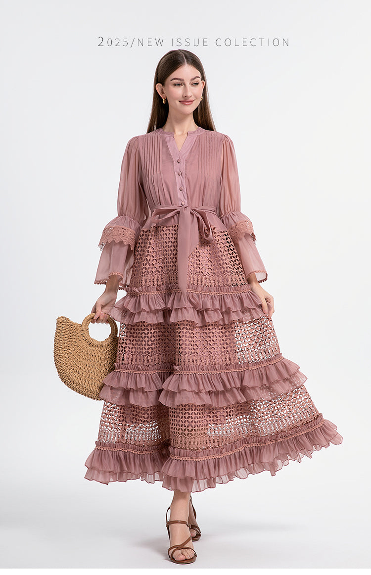 French retro court-style cut-out lace patchwork with fungus trim and flared sleeves at the waist