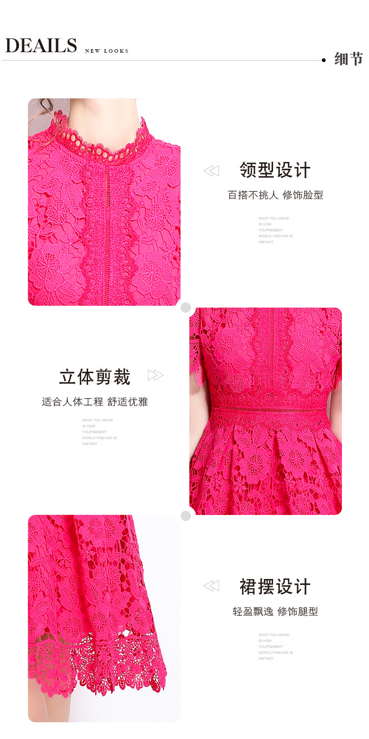 Original design short sleeved slimming hollow out water-soluble lace positioning mid length dress