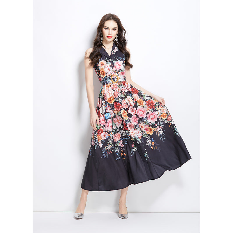 Original Design Spring/Summer Vacation Flower Oil Painting Style Shirt Long Dress