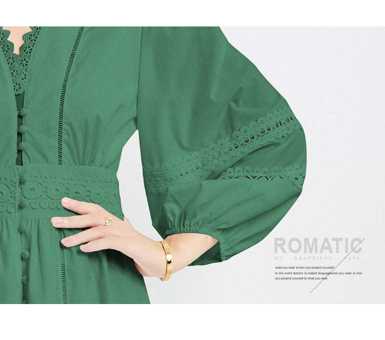 Original design fashionable temperament V-neck patchwork lace hollow out design sense long sleeved waist cinching dress