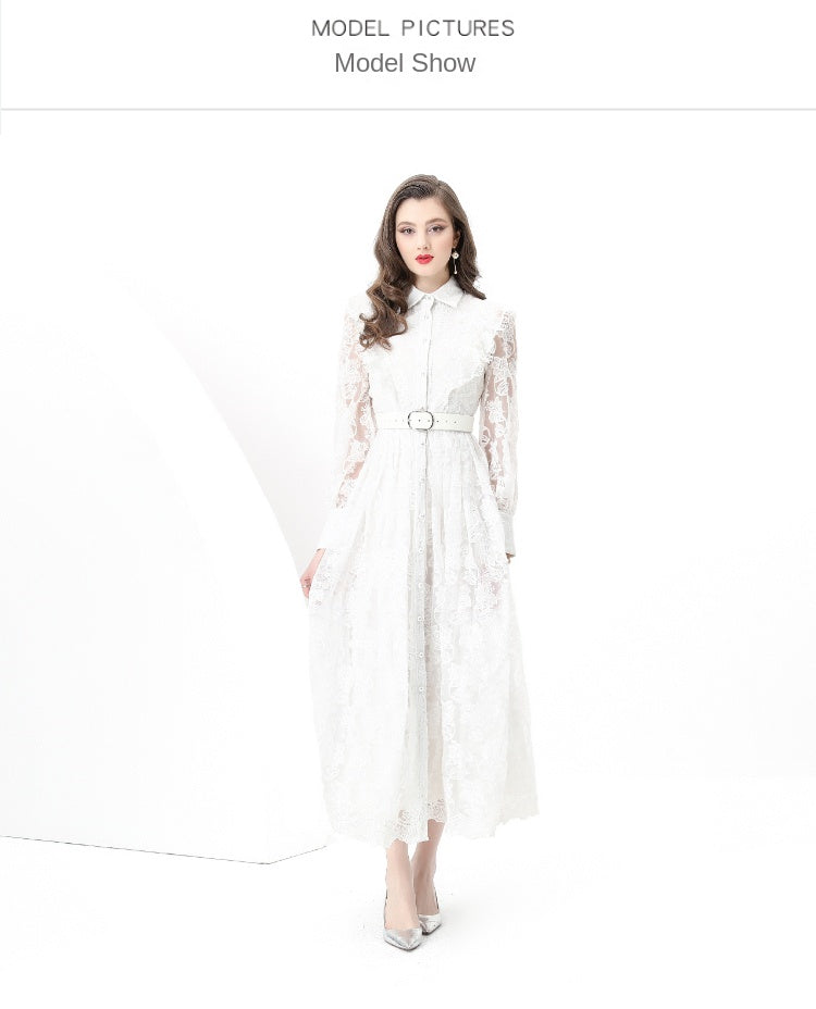 Original design: Spring, Summer, Autumn, Vacation lapel style, embroidered lace, balloon sleeves, lace, long vintage dress