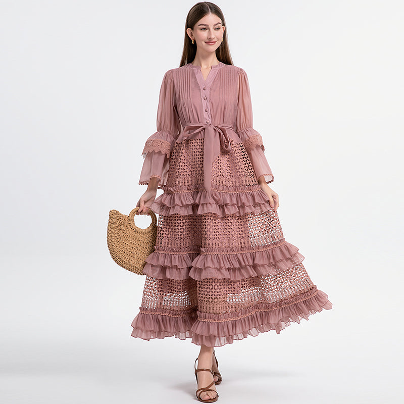 French retro court-style cut-out lace patchwork with fungus trim and flared sleeves at the waist