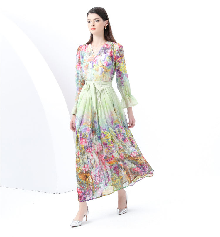 Original design - spring and summer real shot - spot light luxury heavy work chiffon splicing tape embroidery high-waisted thin temperament dress