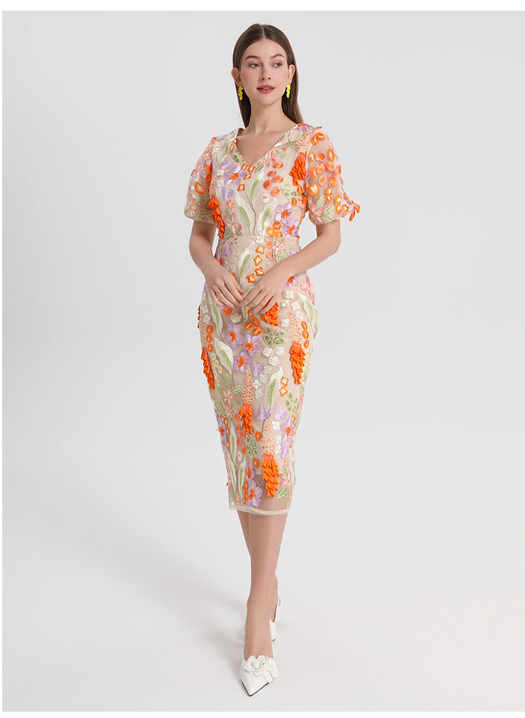 Artwork boutique handmade three-dimensional wheat ear embroidered French temperament dress