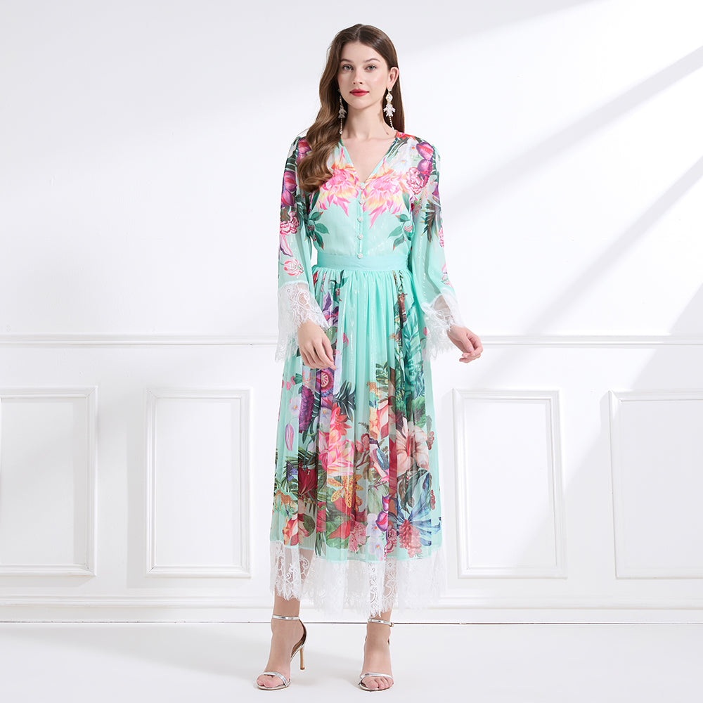 Original design: resort-style V-neck lace print suit, waist-cinching ruffled maxi dress