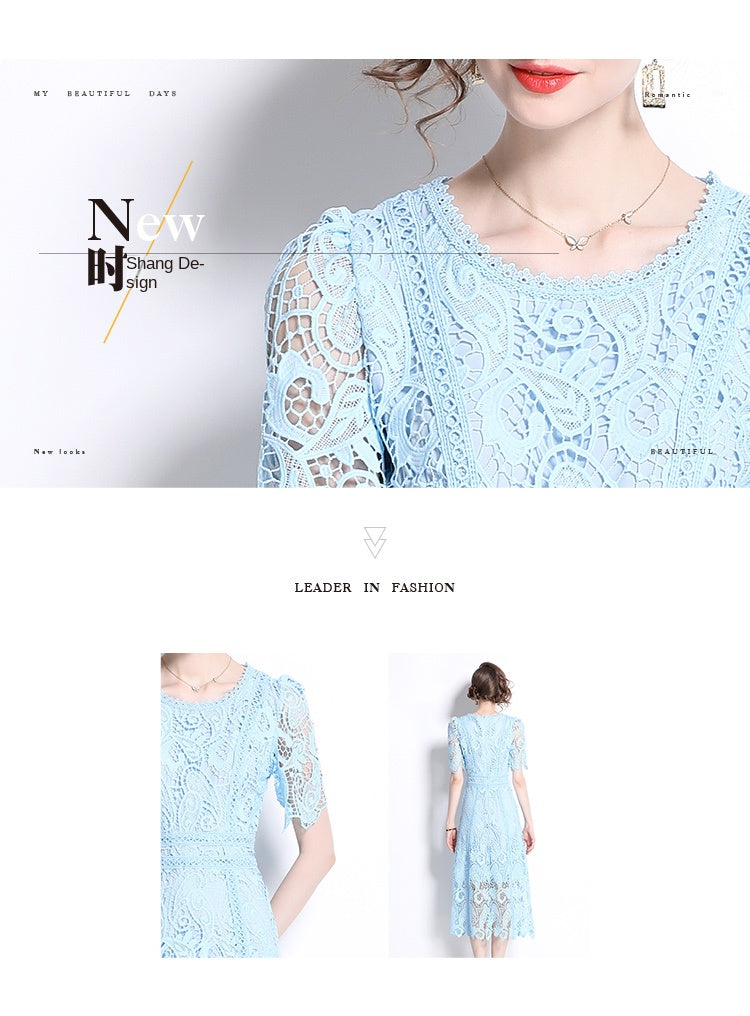 Original design temperament short sleeved skirt slim fit waist cinching heavy industry water-soluble lace dress for women