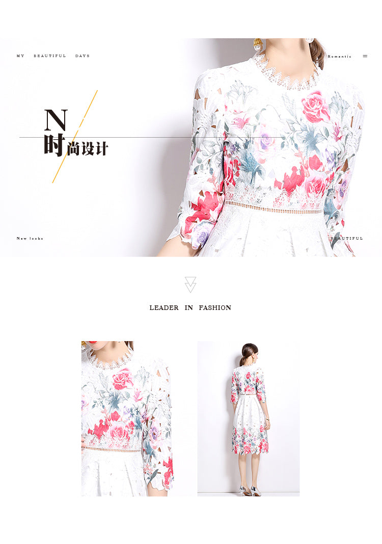 Original design mid long sleeved fashionable slimming hollow out water-soluble lace positioning mid length dress