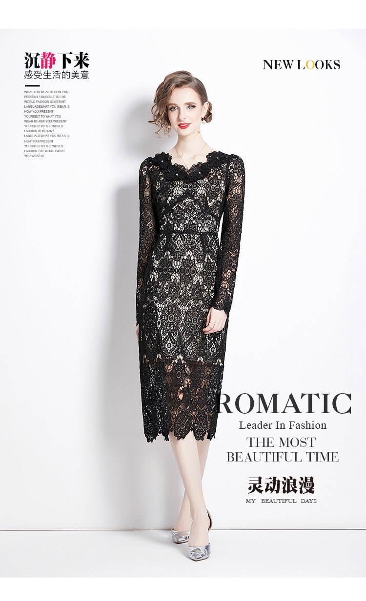 Original design for spring and summer water-soluble lace V-neck slim fit mid length dress for women
