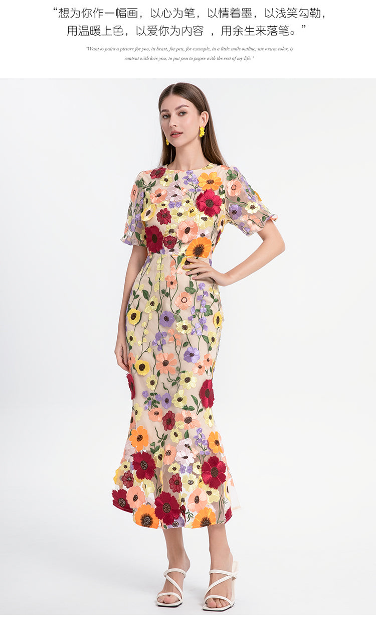 Handmade three-dimensional color embroidery puff sleeve wrap hip temperament mermaid tail skirt art handmade three-dimensional color embroidery puff sleeve hip wrap temperament mermaid skirt