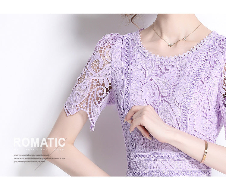 Original design temperament short sleeved skirt slim fit waist cinching heavy industry water-soluble lace dress for women