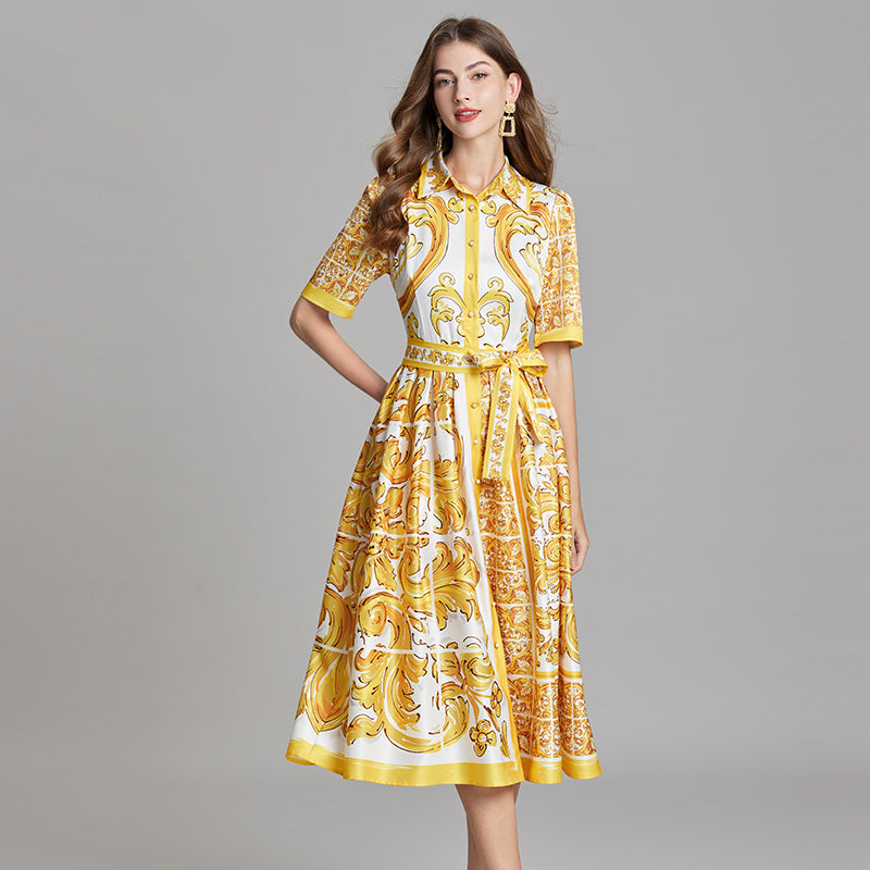 Original Design Spring/Summer Positioning Printed Collar Strap Waist Shirt Dress Large Swing A-line Skirt