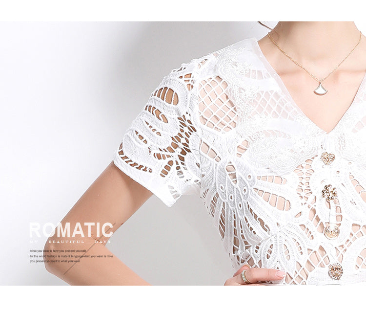 Original Design: Spring/Summer French Luxury Water soluble Embroidered Medium length Skirt with V-neck and Waist cinching to Look Thin Dress