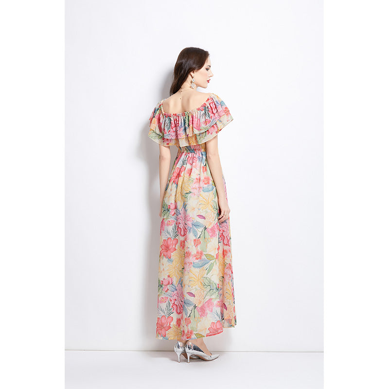Original design for spring and summer new style with ruffled edge, one piece collar, waist cinched, big swing beach skirt, split chiffon dress
