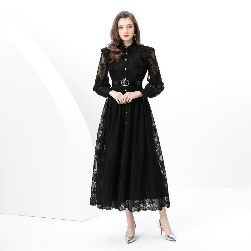 Original design: spring, summer, autumn resort, lapel, embroidered lace, balloon sleeve lace, long vintage dress