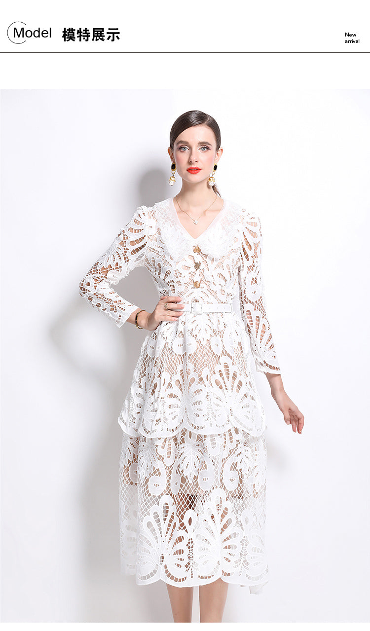 Original Design: Spring and Summer High End Water soluble Embroidered Medium length Skirt with V-neck and Waist cinching to Look Thin Dress