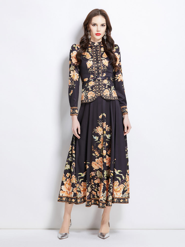 Original design for spring and summer ethnic style shirt top, mid length skirt set