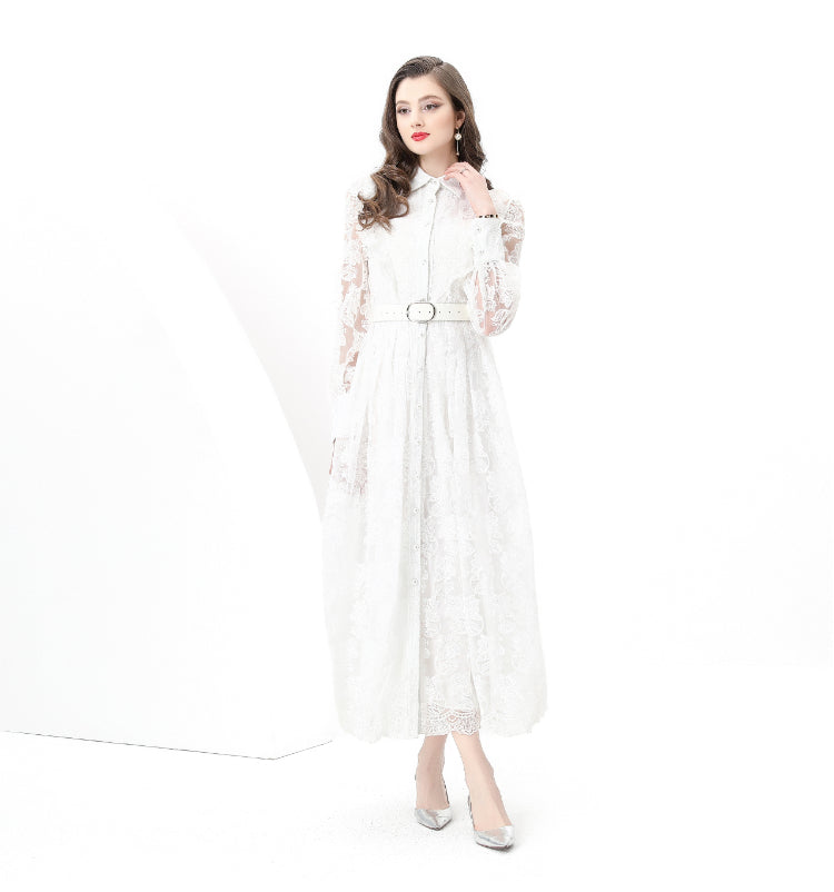 Original design: Spring, Summer, Autumn, Vacation lapel style, embroidered lace, balloon sleeves, lace, long vintage dress