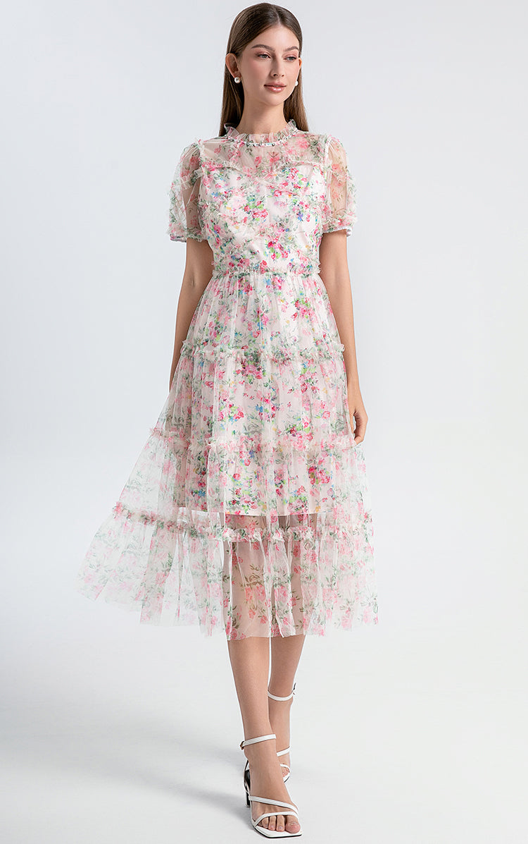 Original design heavy industry nail drill small floral French boutique mesh summer sweet dress