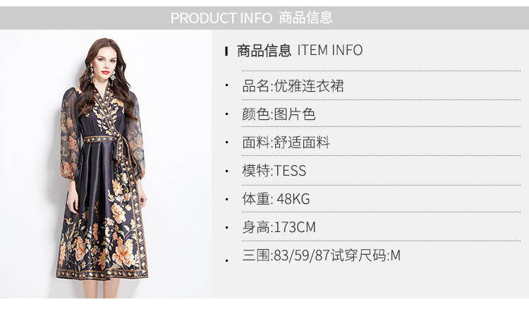 Original design for spring and summer V-neck ethnic style printed satin wrapped long length dress