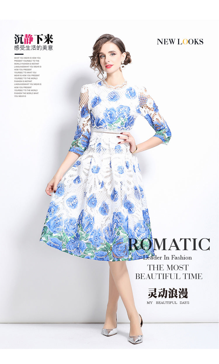Original design mid long sleeved fashionable slimming hollow out water-soluble lace positioning mid length dress