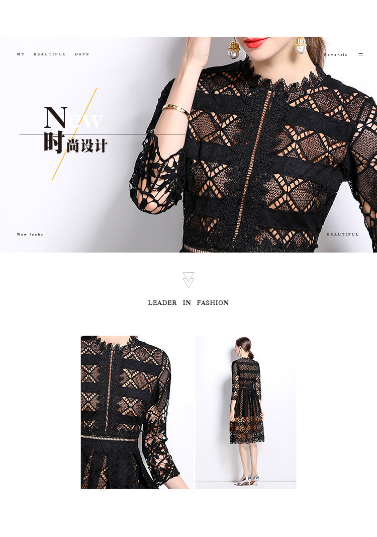 Original design mid long sleeved slimming hollow out water-soluble lace positioning printed mid length dress for spring, summer, autumn vacation